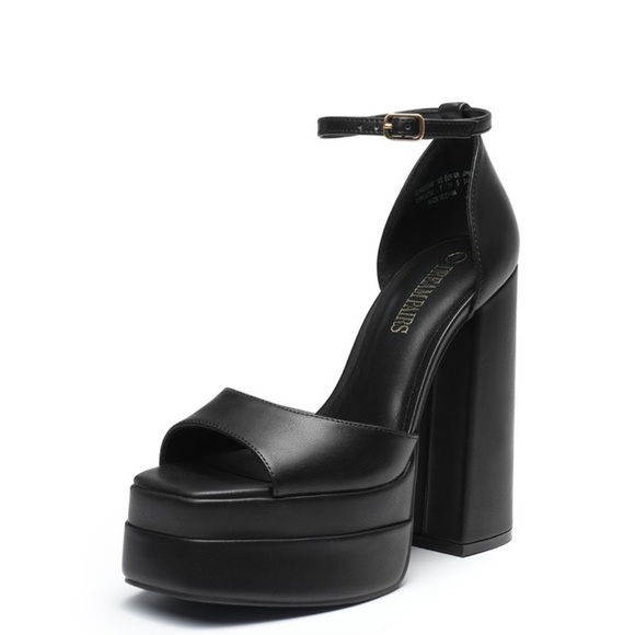 Olivia Ferragamo Black Square Peep Toe Platform Chunky Heel with Ankle Strap 7 - Picture 3 of 11